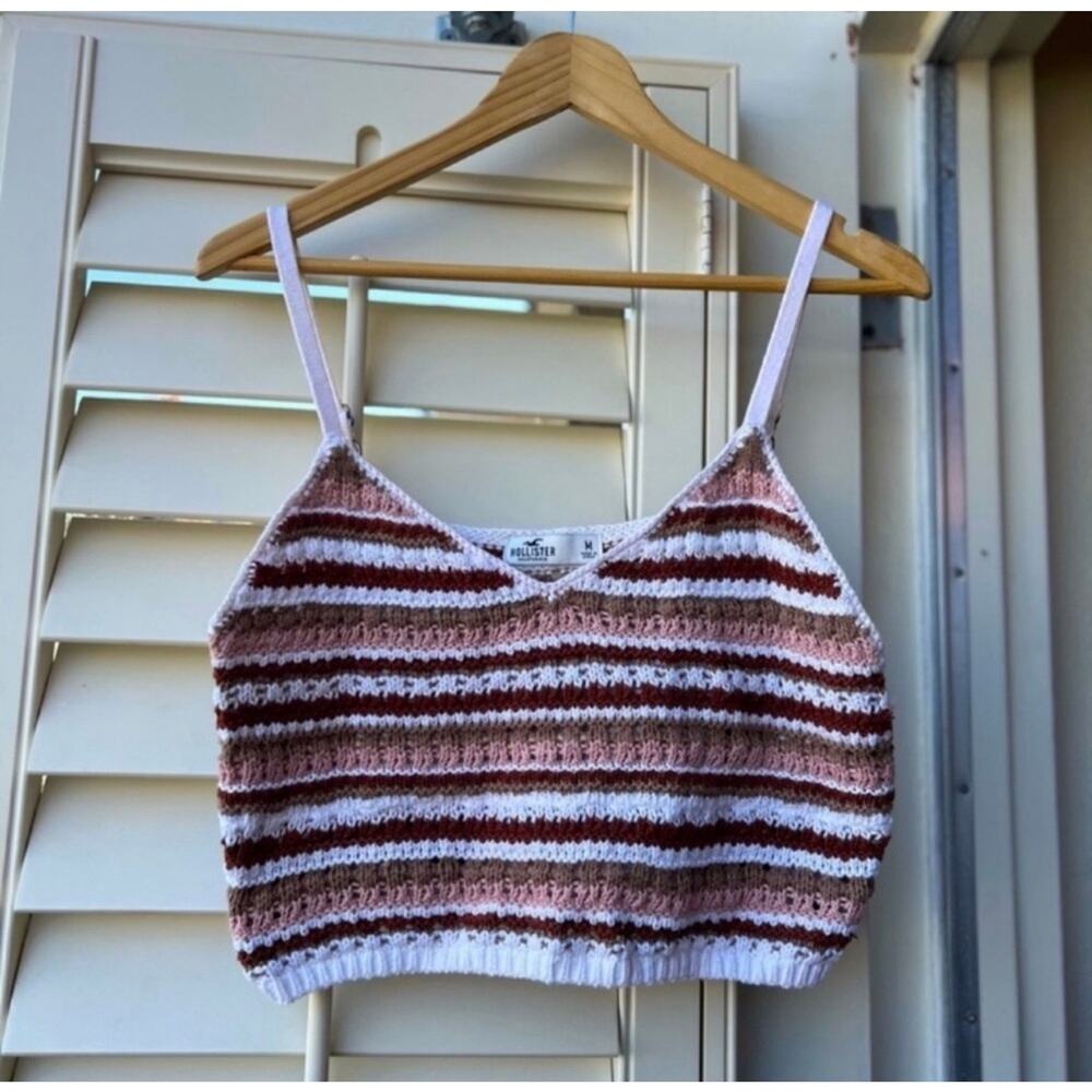 Y2K Crochet Knit Bralette Tank Neutral Stripe Boho Coastal Cowgirl Festival Top - Picture 6 of 10